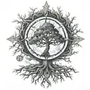 oak tree with roots and compass  tattoo design idea