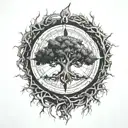 oak tree with roots and compass  tattoo design idea