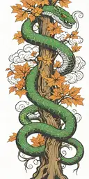 tree trunk with cobra  coiling around it with maple leaves with clouds with color with sword  tattoo design idea