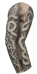 tree bark arm sleeve with snake tattoo design idea