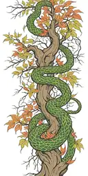 weeping willow tree with olive green cobra  coiling around it with red  maple leaves with color  tattoo design idea