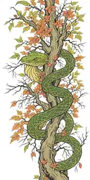 weeping willow tree with olive green cobra  coiling around it with red  maple leaves with color  tattoo design idea