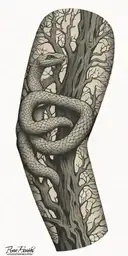 tree bark arm sleeve with snake tattoo design idea