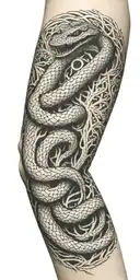 tree bark arm sleeve with snake coiling around the arm tattoo design idea