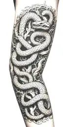 tree bark arm sleeve with snake coiling around the arm tattoo design idea