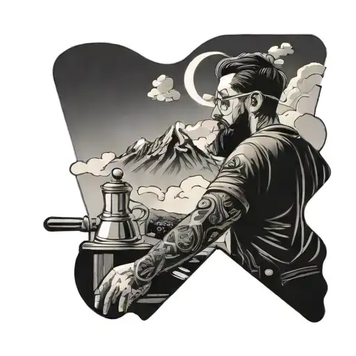 A barista brewing coffee on a mountaintop, surrounded by psychedelic clouds and hiking trails, in black-grey style tattoo design idea