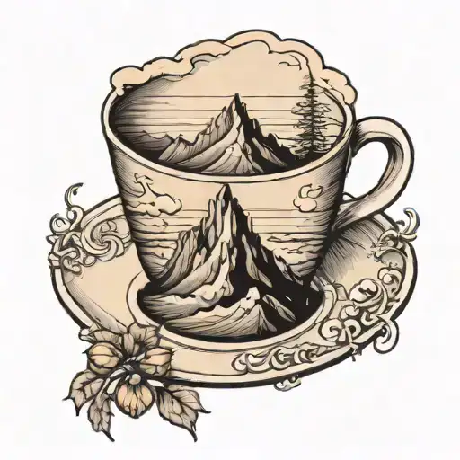 A surrealistic tattoo of a coffee cup morphing into a mountain peak, incorporating elements of blackwork style tattoo design idea