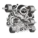 A psychedelic gym scene with weights and barbells morphing into skateboard decks, surrounded by swirling colors and patterns tattoo design idea