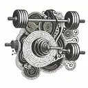 A psychedelic gym scene with weights and barbells morphing into skateboard decks, surrounded by swirling colors and patterns tattoo design idea