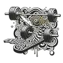 A psychedelic gym scene with weights and barbells morphing into skateboard decks, surrounded by swirling colors and patterns tattoo design idea