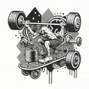 A psychedelic gym scene with weights and barbells morphing into skateboard decks, surrounded by swirling colors and patterns tattoo design idea