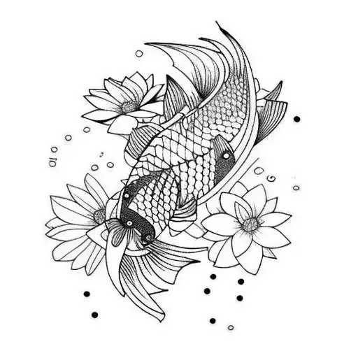 koi fish and flowers tattoo design idea