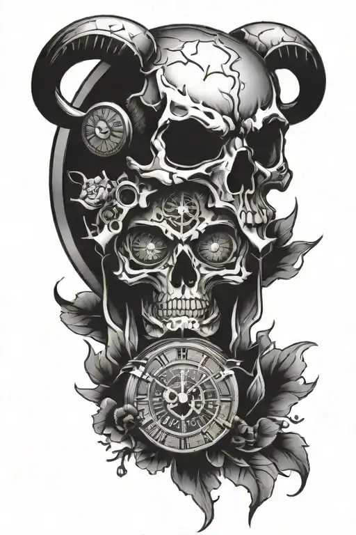 spartan skull with clock and owl tattoo design idea