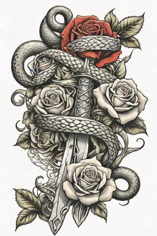 sword with snake and roses intertwined tattoo design idea
