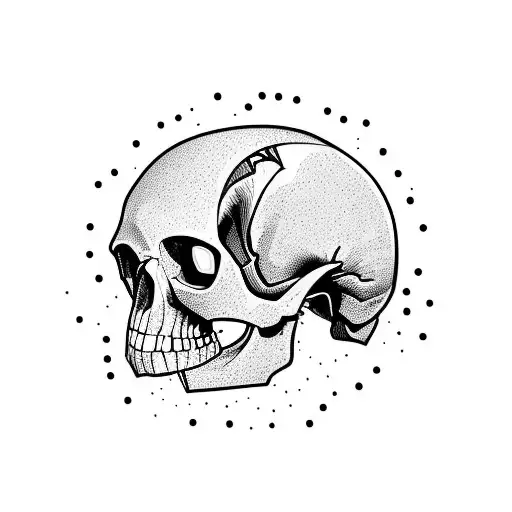 cracked ancient skull that has an eye popping out of the crack on it's forehead also from the sides of the skull differe tattoo design idea