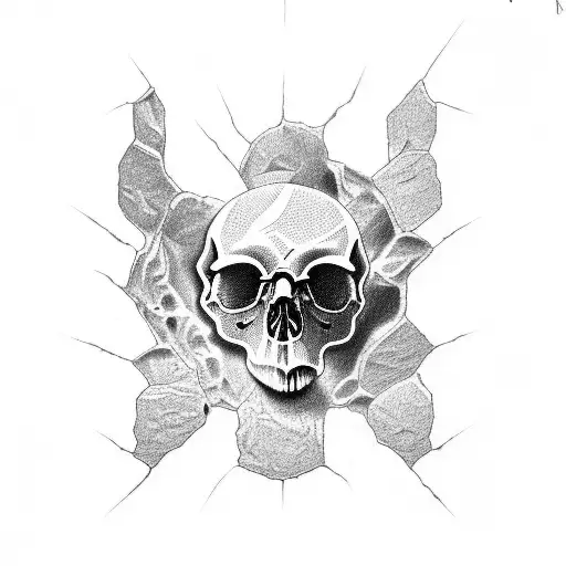 cracked ancient skull that has an eye popping out of the crack on it's forehead also from the sides of the skull differe tattoo design idea