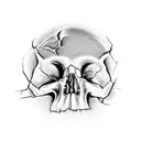 cracked ancient skull that has an eye popping out of the crack on it's forehead also from the sides of the skull differe tattoo design idea