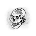 cracked ancient skull that has an eye popping out of the crack on it's forehead also from the sides of the skull differe tattoo design idea