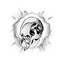 cracked ancient skull that has an eye popping out of the crack on it's forehead also from the sides of the skull differe tattoo design idea