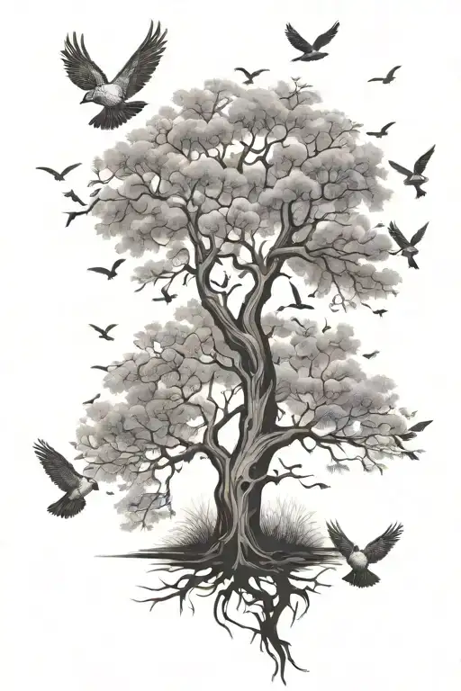 tree and birds flying tattoo design idea