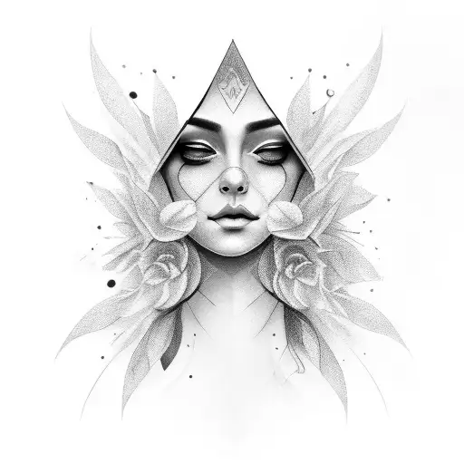 A serene face with makeup brushes as meditation tools tattoo design idea