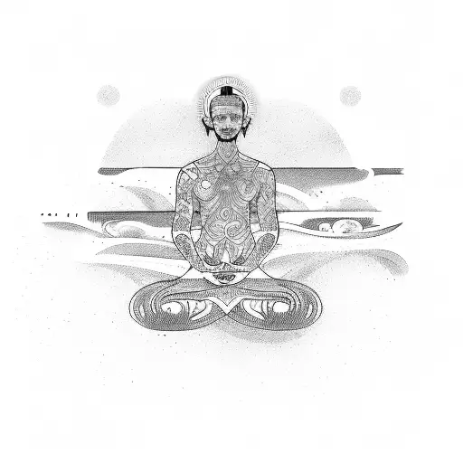 A meditation scene with ocean waves as soundwaves tattoo design idea