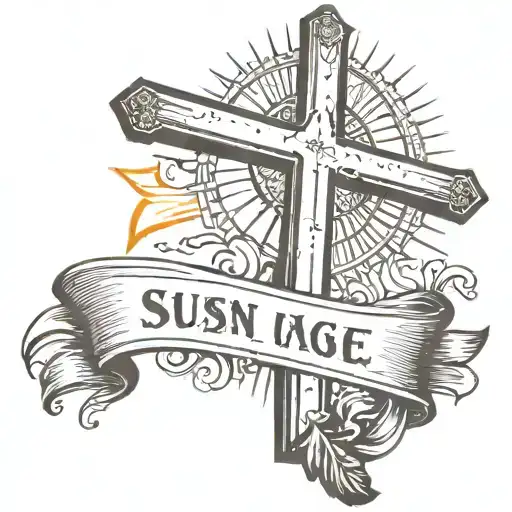 cross with a banner  with sun behinde it  tattoo design idea