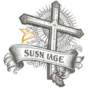 cross with a banner  with sun behinde it  tattoo design idea