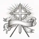cross with a banner  with sun behinde it  tattoo design idea
