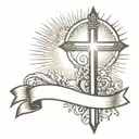 cross with a banner  with sun behinde it  tattoo design idea