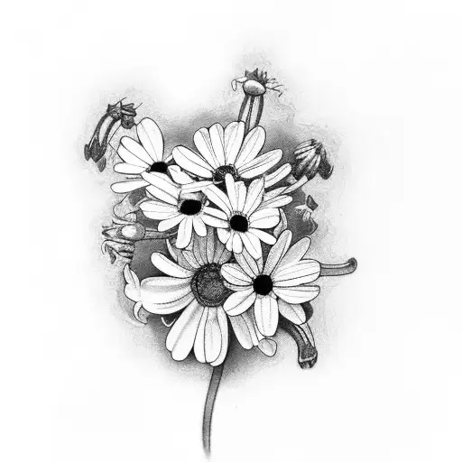 a design with honeysuckle, daisy's, sweet pea flower, hyacinth,cornflower,and black eye susan flowers tattoo design idea
