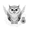 A mystical owl perched on a camera, inspired by The Owl House, with geometric coding patterns tattoo design idea