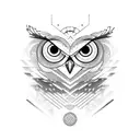 A mystical owl perched on a camera, inspired by The Owl House, with geometric coding patterns tattoo design idea