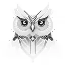 A mystical owl perched on a camera, inspired by The Owl House, with geometric coding patterns tattoo design idea