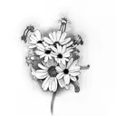 a design with honeysuckle, daisy's, sweet pea flower, hyacinth,cornflower,and black eye susan flowers tattoo design idea