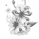 a design with honeysuckle, daisy's, sweet pea flower, hyacinth,cornflower,and black eye susan flowers tattoo design idea