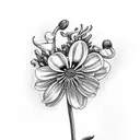 a design with honeysuckle, daisy's, sweet pea flower, hyacinth,cornflower,and black eye susan flowers tattoo design idea