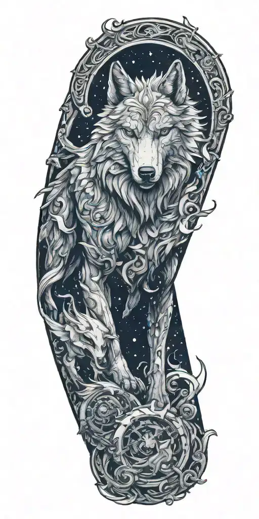 Design a full sleeve tattoo incorporating valkyries and fenris wolf   tattoo design idea