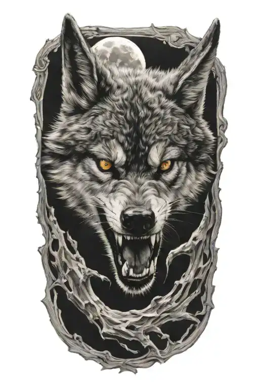 Fenris wolf biting moon tattoo design idea