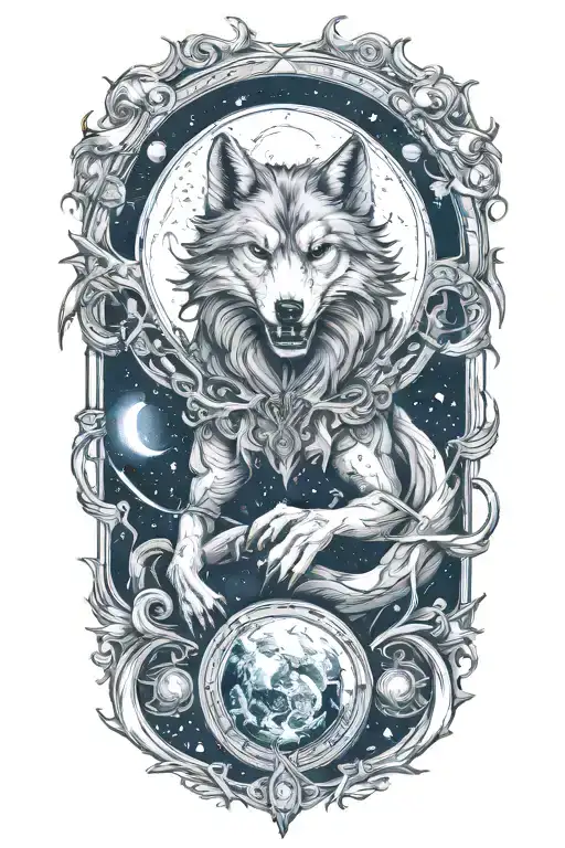 Design a full sleeve tattoo incorporating  fenris wolf biting the moon tattoo design idea