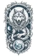 Design a full sleeve tattoo incorporating  fenris wolf biting the moon tattoo design idea