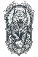 Design a full sleeve tattoo incorporating  fenris wolf biting the moon tattoo design idea