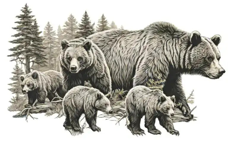 grizzly bear with 4 bear cubs in a forest trees background looking tattoo design idea