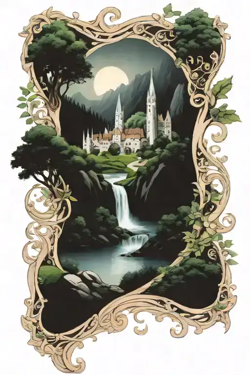 Feminine, elven style, landscape of Rivendell from Lord of the Rings tattoo design idea