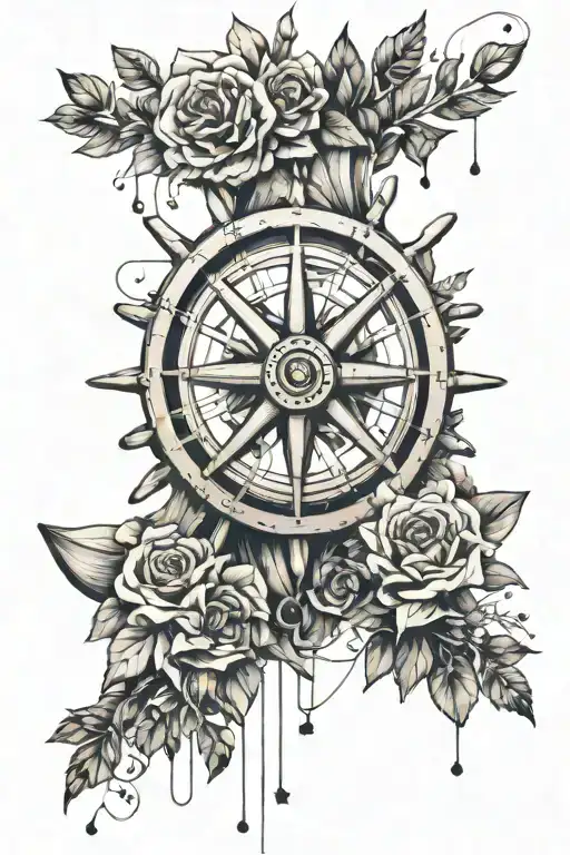 ships wheel with flowers cascading down the leg tattoo design idea