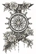 ships wheel with flowers cascading down the leg tattoo design idea