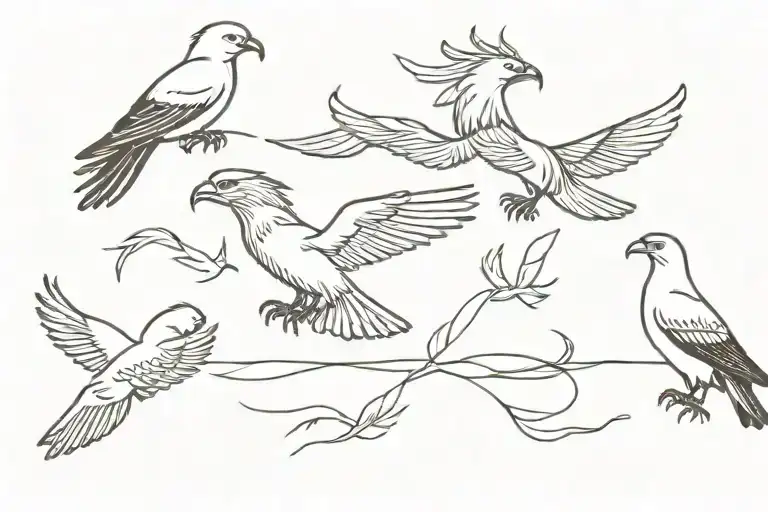 a eagle, rooster, kingfisher bird, and dove flying in a line  tattoo design idea