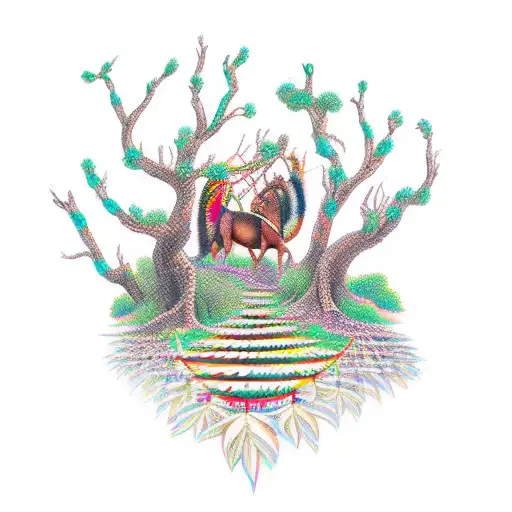 knarley tree with Indian spear hunting tattoo design idea