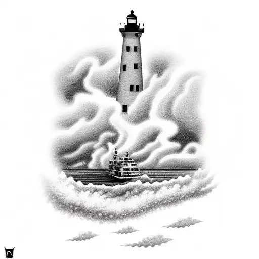 A realistic brick lighthouse in very stormy weather with an offshore supply vessel in the background  tattoo design idea