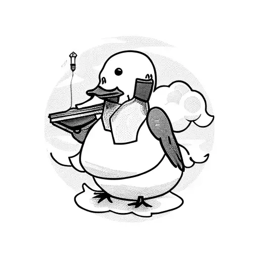 A serene scene of you walking your duck on a cloud, with the duck wearing a tiny parachute tattoo design idea